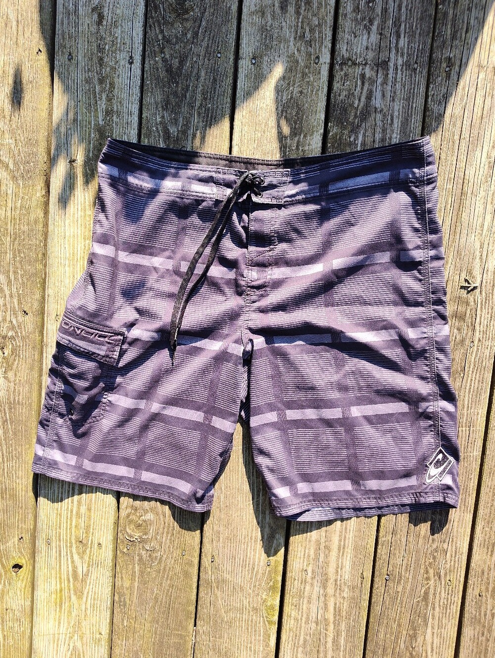O'Neill 40" Striped Gray Black Board Shorts Swim Trunks XL/XXL Surf Embroidered